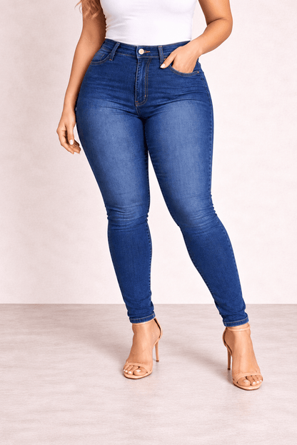 Pantalón Cashia Denim 101 azul oscuro de tiro alto y corte slim fit, medio plano inferior en talla XXL.