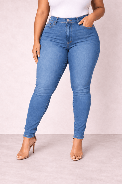 Pantalón Cashia Denim 101 en color denim medio de tiro alto y corte slim fit, medio plano inferior en talla 3XL.