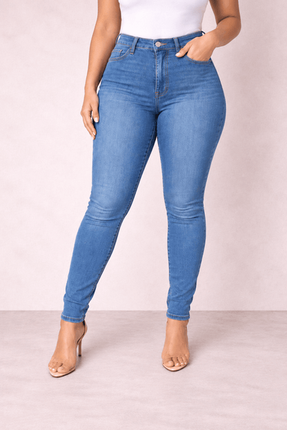 Pantalón Cashia Denim 101 en color denim medio de tiro alto y corte slim fit, medio plano inferior en talla L.