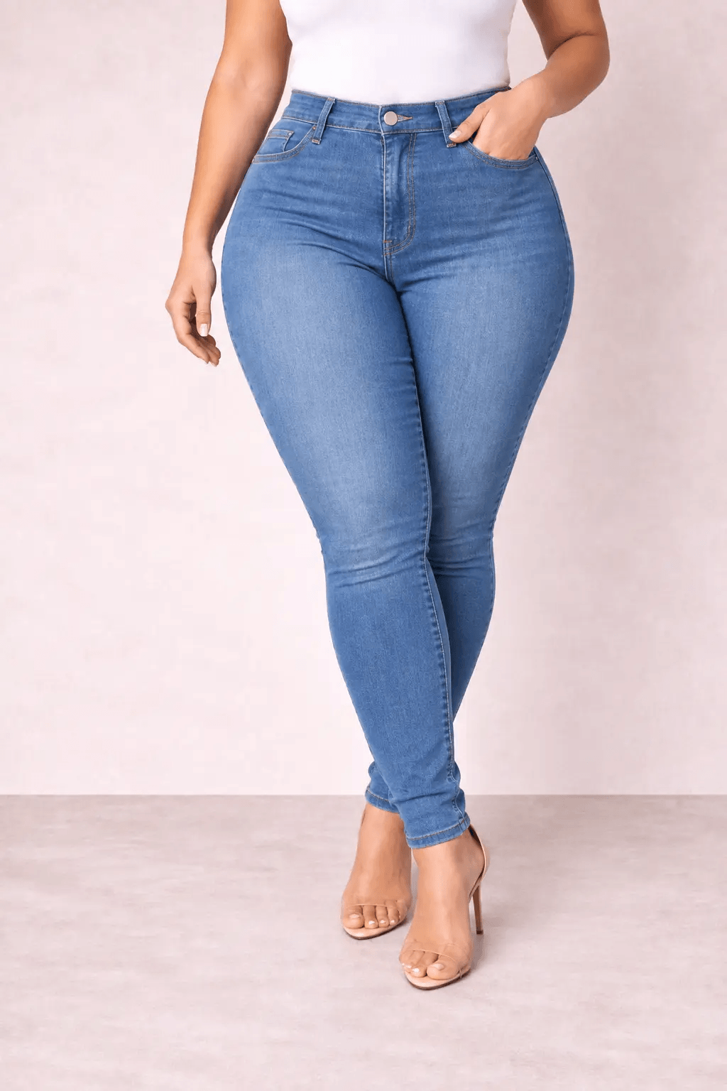 Pantalón Cashia Denim 101 en color denim medio de tiro alto y corte slim fit, medio plano inferior en talla XXL.