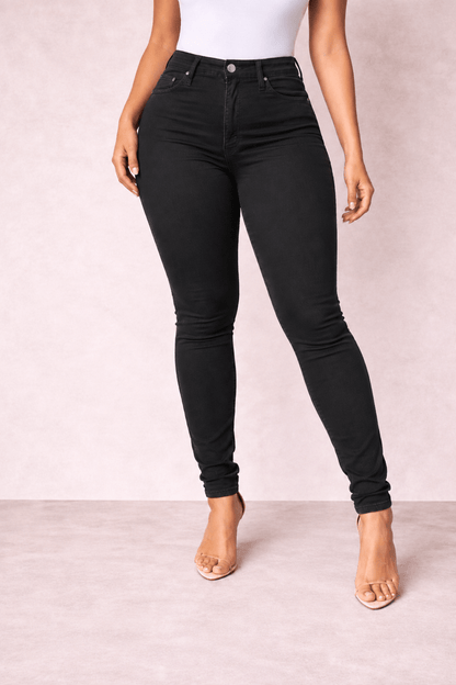 Pantalón Cashia Denim 101 negro de tiro alto y corte slim fit, medio plano inferior en talla L.