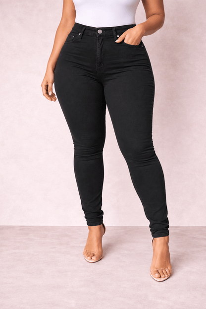 Pantalón Cashia Denim 101 negro de tiro alto y corte slim fit, medio plano inferior en talla XL.
