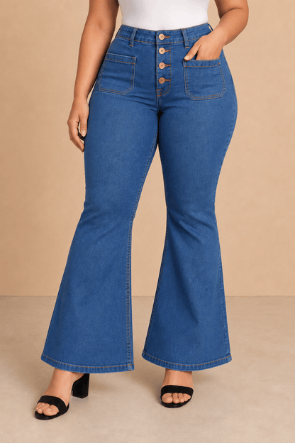 Pantalón Cashia Denim 502 azul claro denim de tiro alto y corte acampanado, medio plano inferior en talla 4XL.