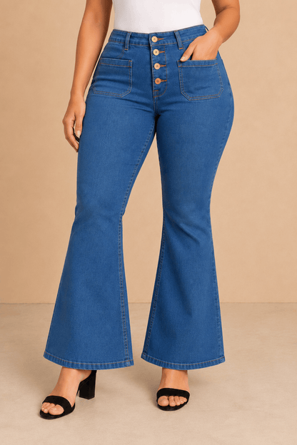 Pantalón Cashia Denim 502 azul claro denim de tiro alto y corte acampanado, medio plano inferior en talla L.