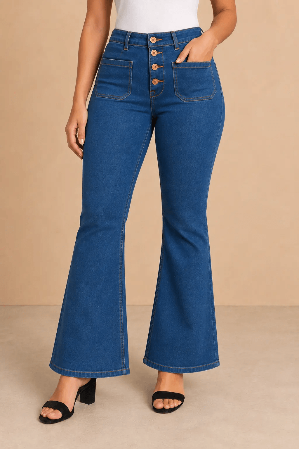 Pantalón Cashia Denim 502 azul claro denim de tiro alto y corte acampanado, medio plano inferior en talla M.