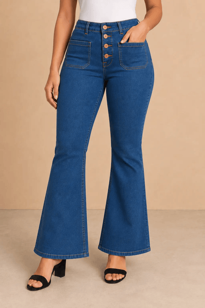 Pantalón Cashia Denim 502 azul claro denim de tiro alto y corte acampanado, medio plano inferior en talla M.