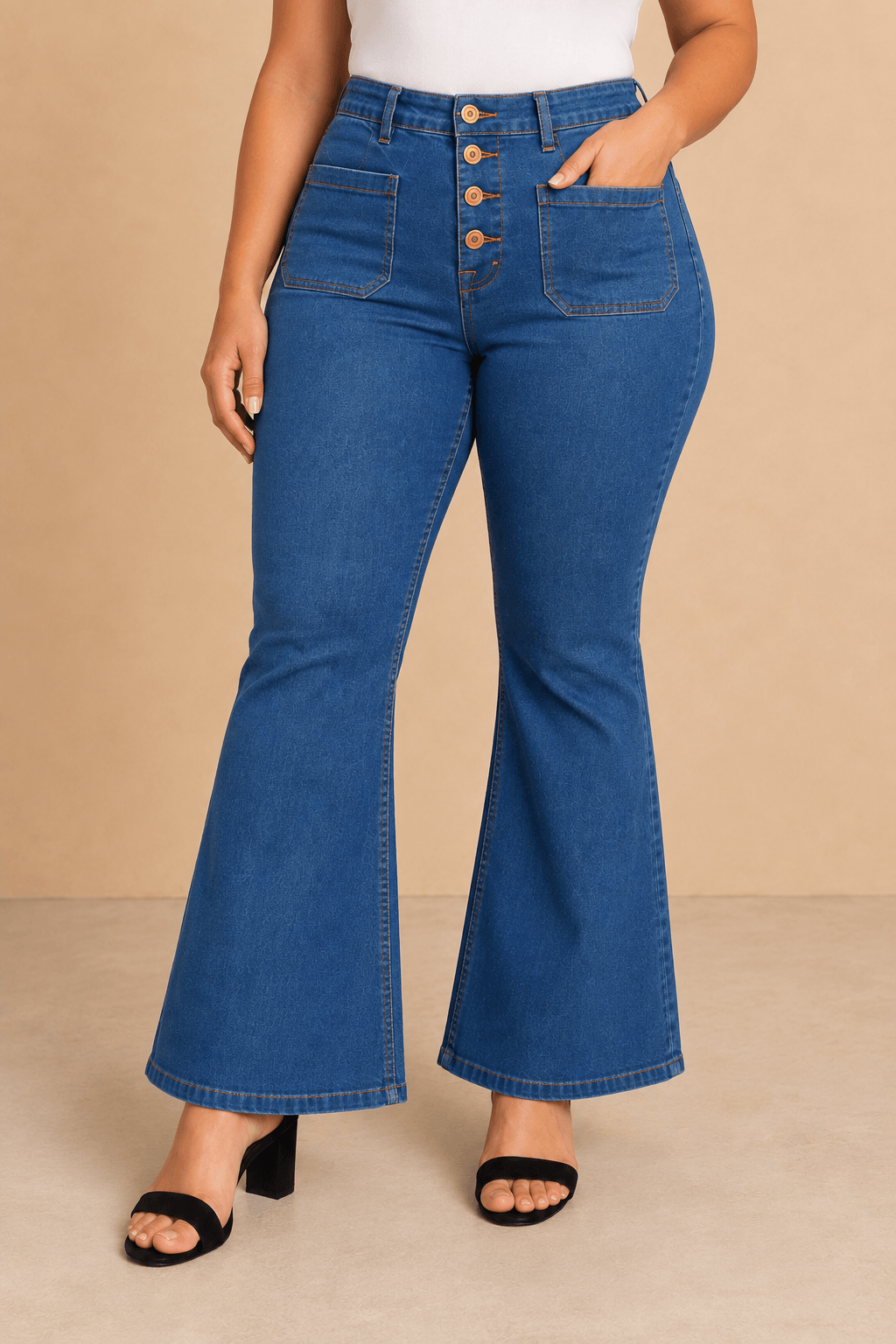 Pantalón Cashia Denim 502 azul claro denim de tiro alto y corte acampanado, medio plano inferior en talla XL.