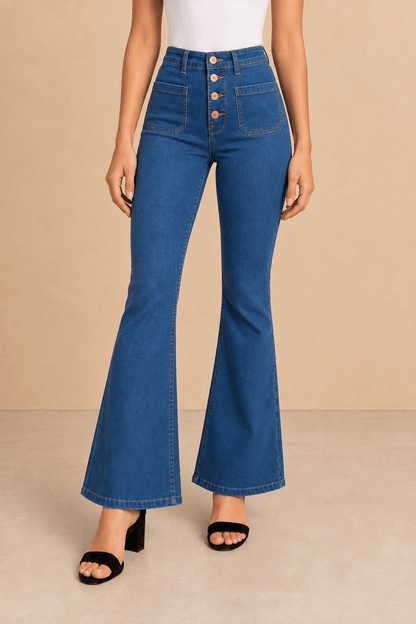 Pantalón Cashia Denim 502 azul claro denim de tiro alto y corte acampanado, medio plano inferior en talla XS.