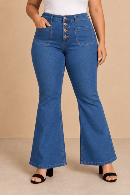 Pantalón Cashia Denim 502 azul claro denim de tiro alto y corte acampanado, medio plano inferior en talla XXL.