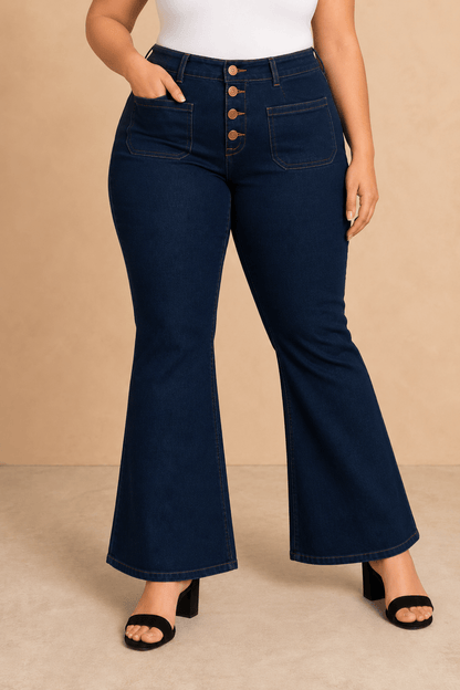 Pantalón Cashia Denim 502 azul oscuro de tiro alto y corte acampanado, medio plano inferior en talla 4XL.