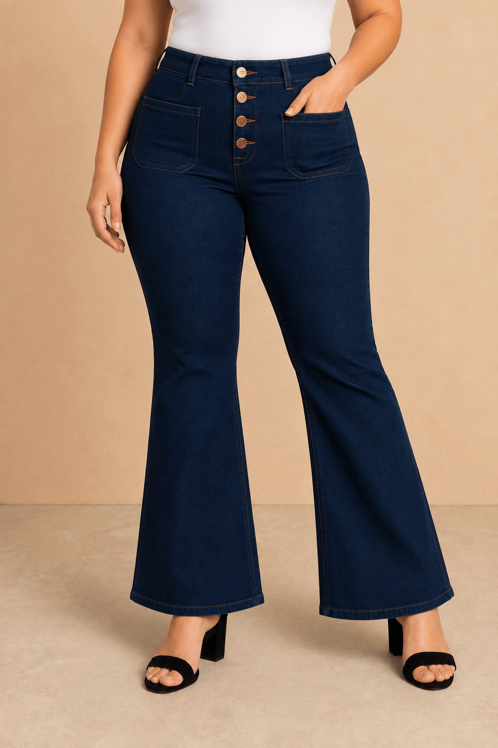 Pantalón Cashia Denim 502 azul oscuro de tiro alto y corte acampanado, medio plano inferior en talla L.