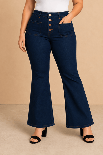 Pantalón Cashia Denim 502 azul oscuro de tiro alto y corte acampanado, medio plano inferior en talla L.