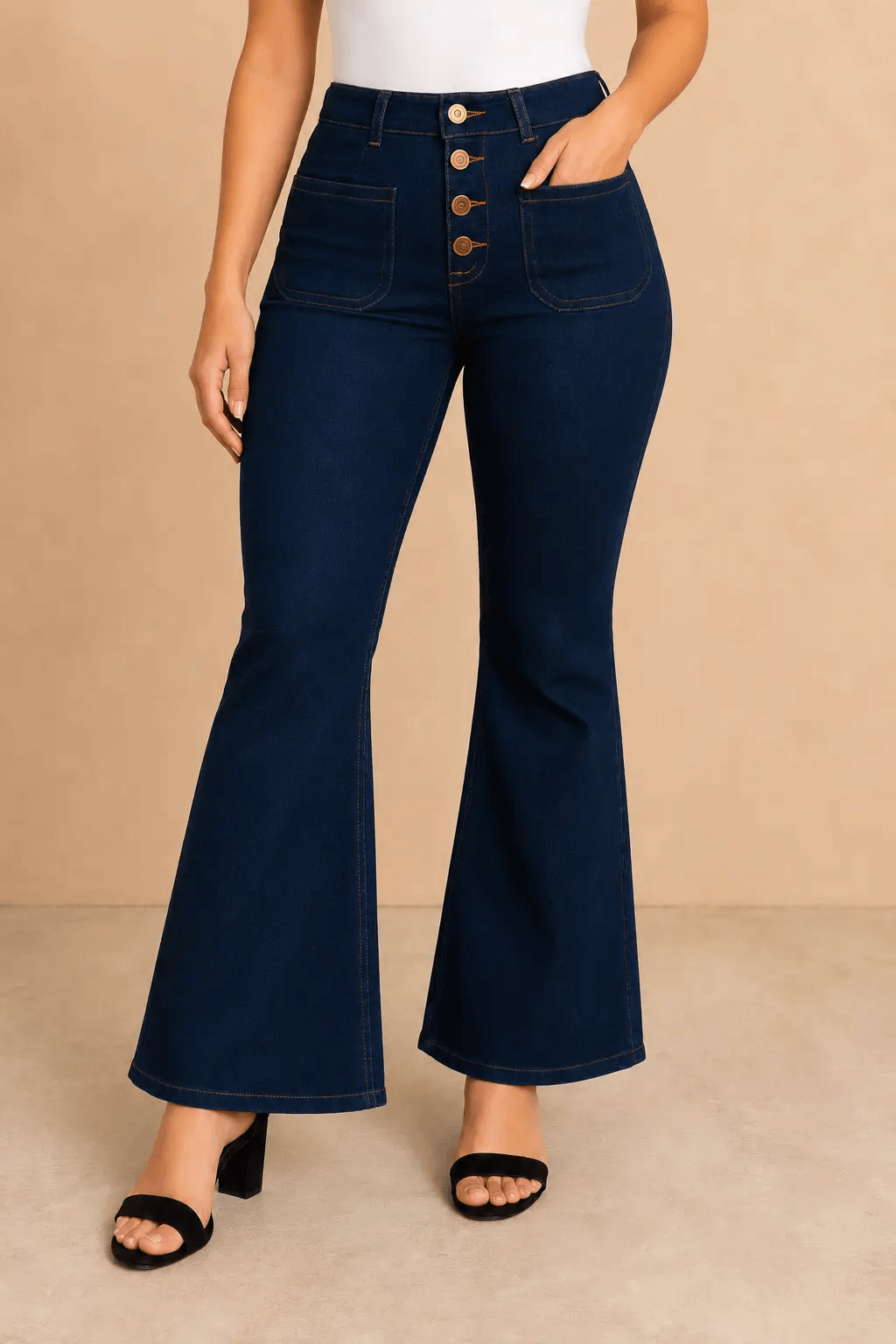 Pantalón Cashia Denim 502 azul oscuro de tiro alto y corte acampanado, medio plano inferior en talla M.