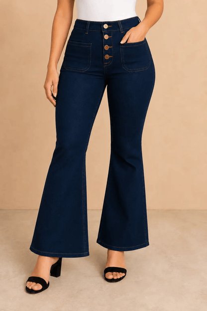 Pantalón Cashia Denim 502 azul oscuro de tiro alto y corte acampanado, medio plano inferior en talla M.