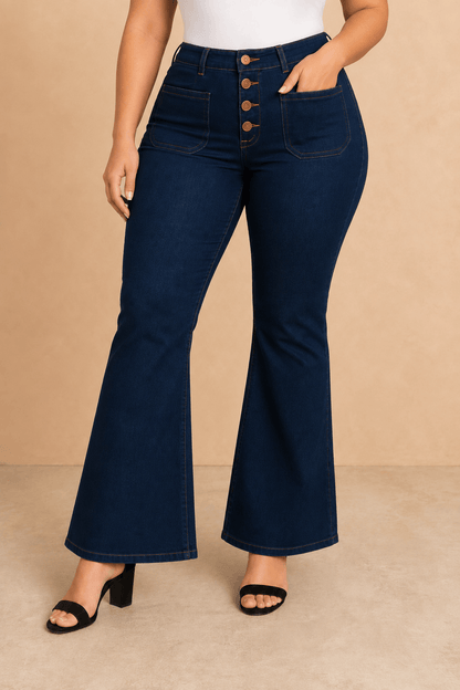 Pantalón Cashia Denim 502 azul oscuro de tiro alto y corte acampanado, medio plano inferior en talla XL.