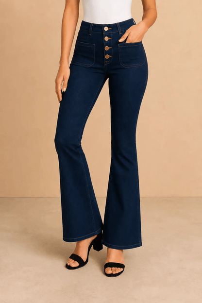 Pantalón Cashia Denim 502 azul oscuro de tiro alto y corte acampanado, medio plano inferior en talla XS.