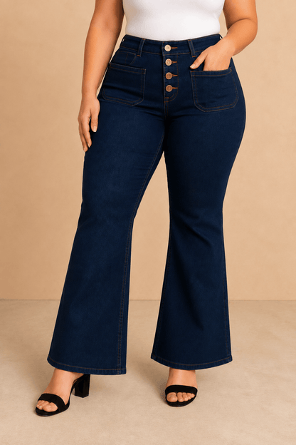 Pantalón Cashia Denim 502 azul oscuro de tiro alto y corte acampanado, medio plano inferior en talla XXL.