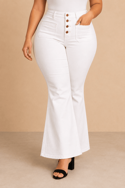 Pantalón Cashia Denim 502 blanco de tiro alto y corte acampanado, medio plano inferior en talla 3XL.