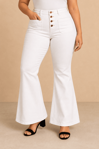 Pantalón Cashia Denim 502 blanco de tiro alto y corte acampanado, medio plano inferior en talla 4XL.