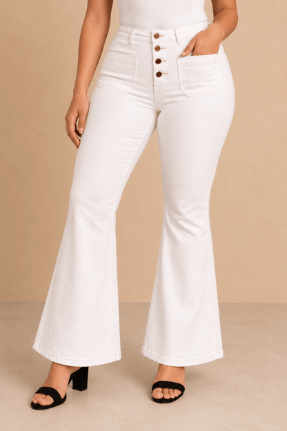 Pantalón Cashia Denim 502 blanco de tiro alto y corte acampanado, medio plano inferior en talla L.