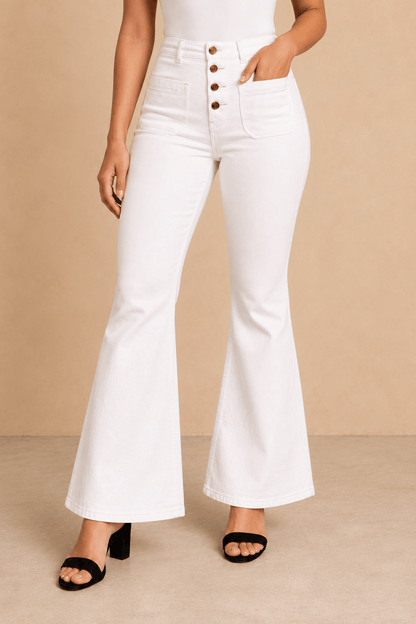 Pantalón Cashia Denim 502 blanco de tiro alto y corte acampanado, medio plano inferior en talla M.