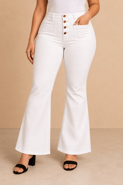 Pantalón Cashia Denim 502 blanco de tiro alto y corte acampanado, medio plano inferior en talla XL.