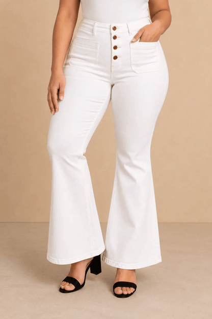 Pantalón Cashia Denim 502 blanco de tiro alto y corte acampanado, medio plano inferior en talla XXL.