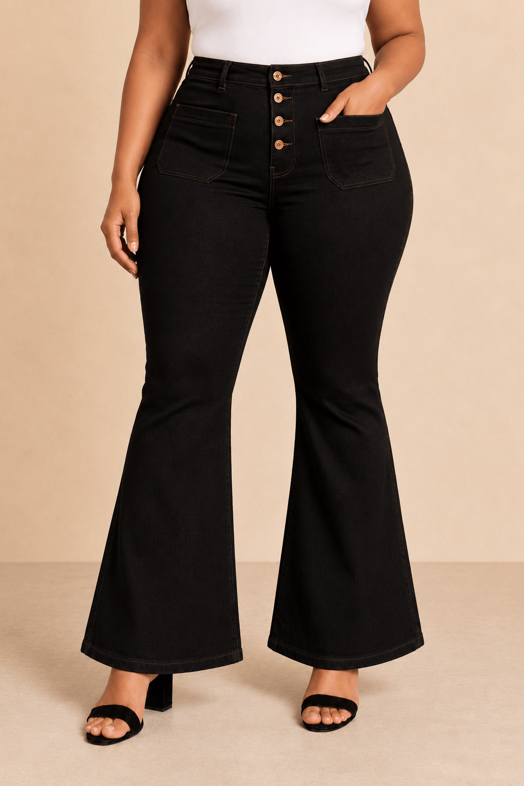 Pantalón Cashia Denim 502 negro de tiro alto y corte acampanado, medio plano inferior en talla 3XL.