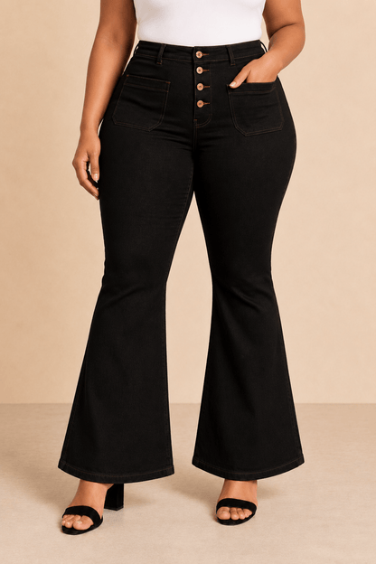 Pantalón Cashia Denim 502 negro de tiro alto y corte acampanado, medio plano inferior en talla 3XL.