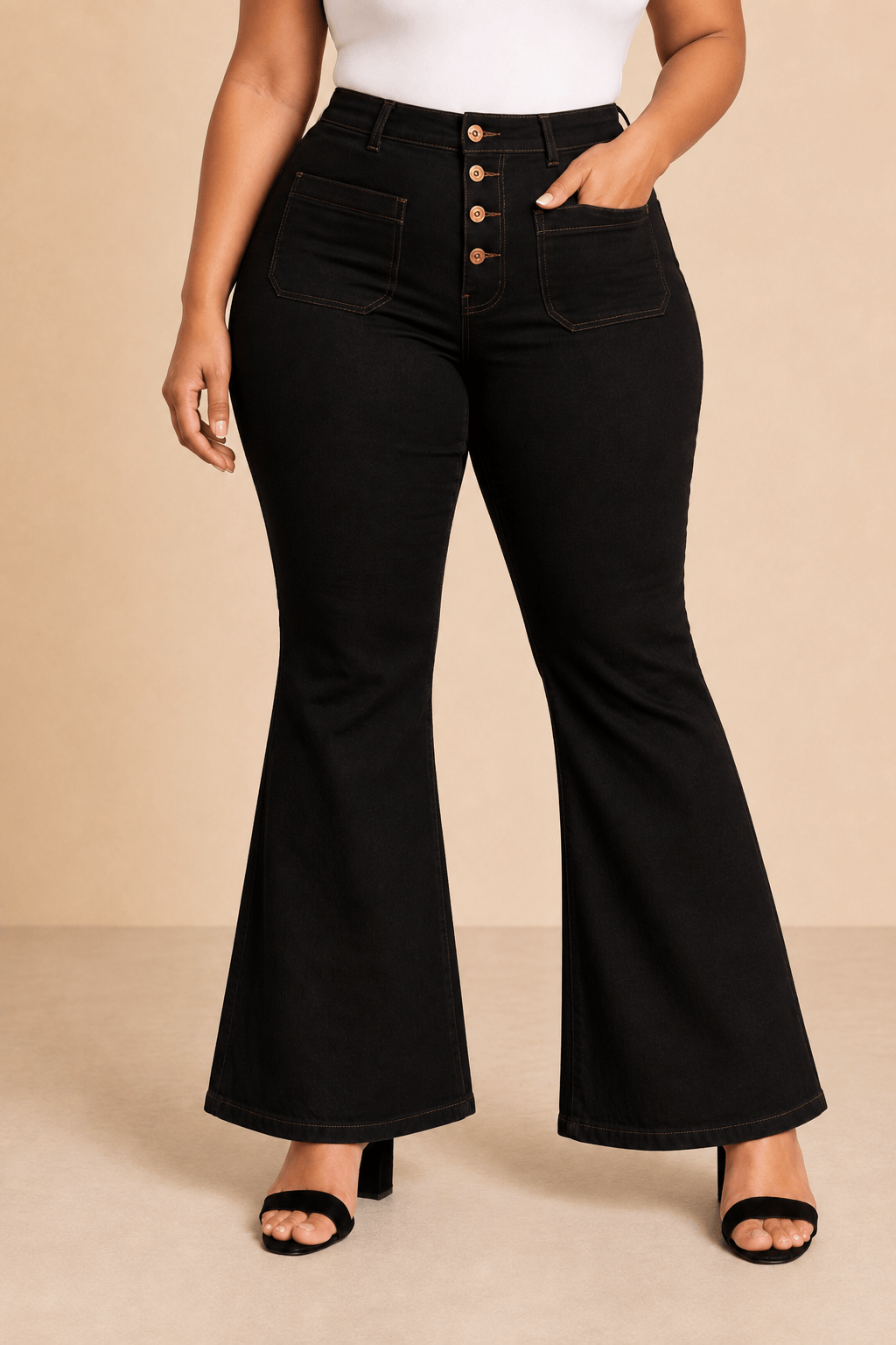 Pantalón Cashia Denim 502 negro de tiro alto y corte acampanado, medio plano inferior en talla 4XL.