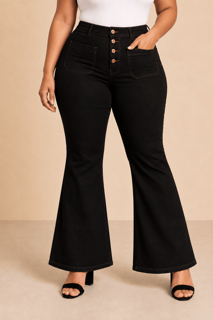 Pantalón Cashia Denim 502 negro de tiro alto y corte acampanado, medio plano inferior en talla 4XL.