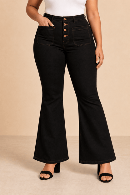 Pantalón Cashia Denim 502 negro de tiro alto y corte acampanado, medio plano inferior en talla L.