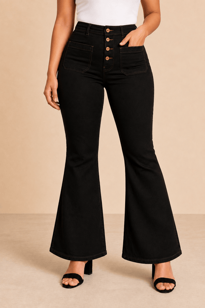 Pantalón Cashia Denim 502 negro de tiro alto y corte acampanado, medio plano inferior en talla M.