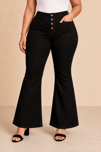 Pantalón Cashia Denim 502 negro de tiro alto y corte acampanado, medio plano inferior en talla XL.