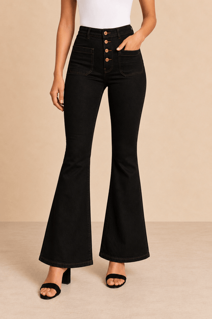 Pantalón Cashia Denim 502 negro de tiro alto y corte acampanado, medio plano inferior en talla XS.
