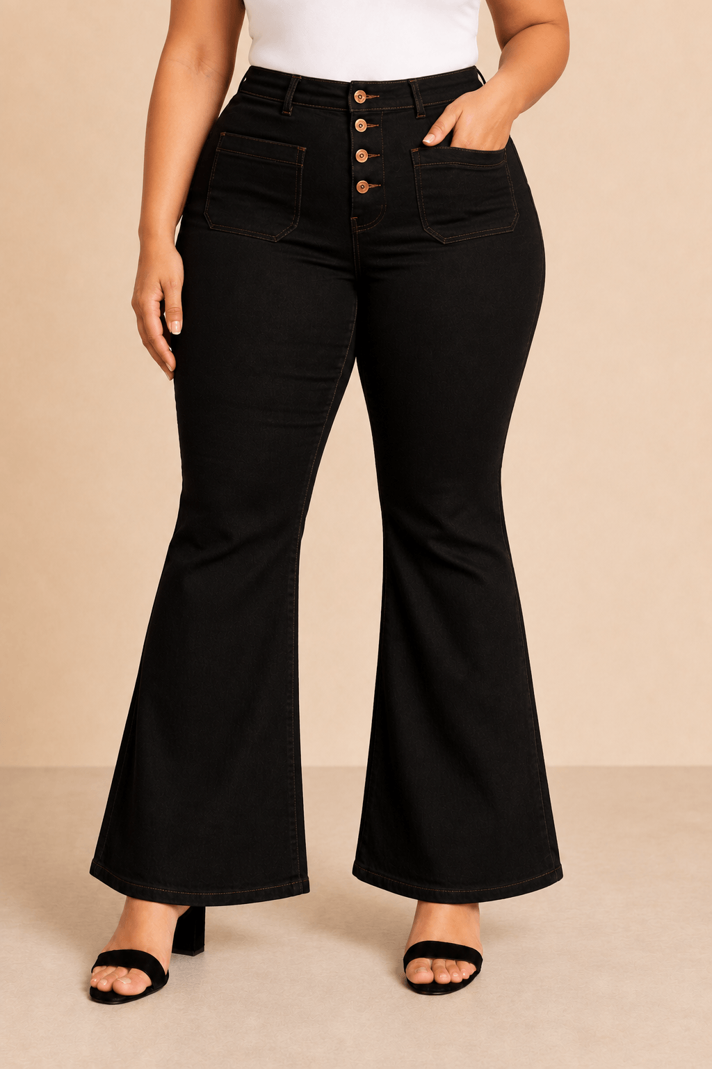 Pantalón Cashia Denim 502 negro de tiro alto y corte acampanado, medio plano inferior en talla XXL.