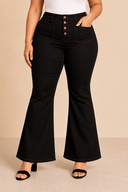 Pantalón Cashia Denim 502 negro de tiro alto y corte acampanado, medio plano inferior en talla XXL.