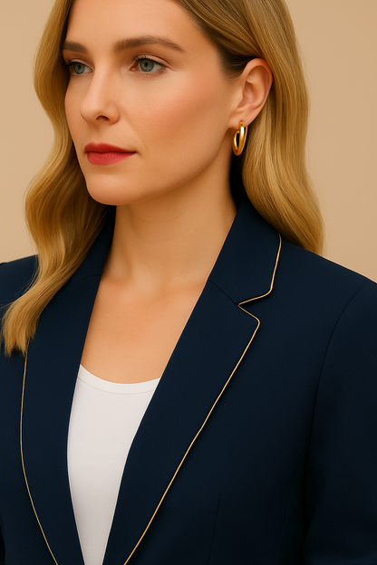 Blazer Cashia Sofía, color azul marino, ribetes en solapa en tono dorado, detalle de la solapa