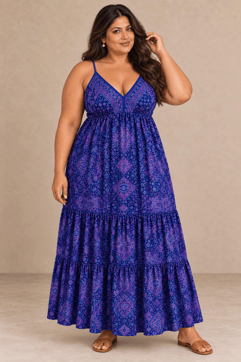Vestido Cashia Taormina azul violáceo en modelo talla 4XL, vista de cuerpo entero