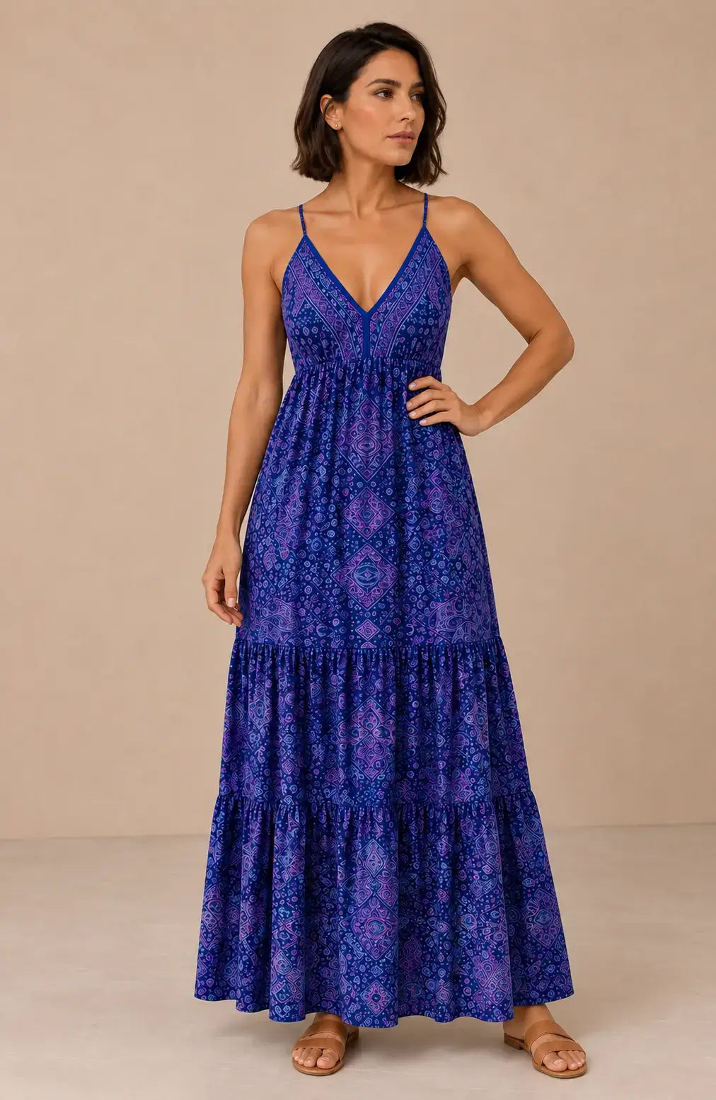 Vestido Cashia Taormina azul violáceo en modelo talla M, vista de cuerpo entero