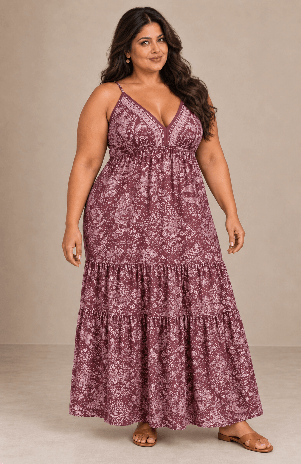Vestido Cashia Taormina burdeos en modelo talla 4XL, vista de cuerpo entero
