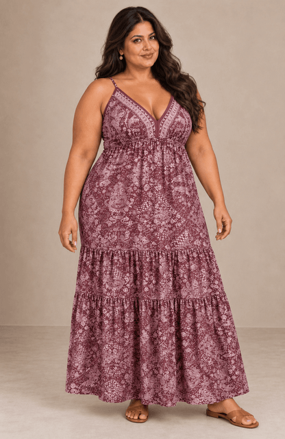 Vestido Cashia Taormina burdeos en modelo talla 4XL, vista de cuerpo entero