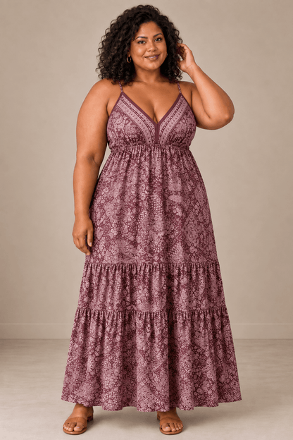 Vestido Cashia Taormina burdeos en modelo talla 5XL, vista de cuerpo entero