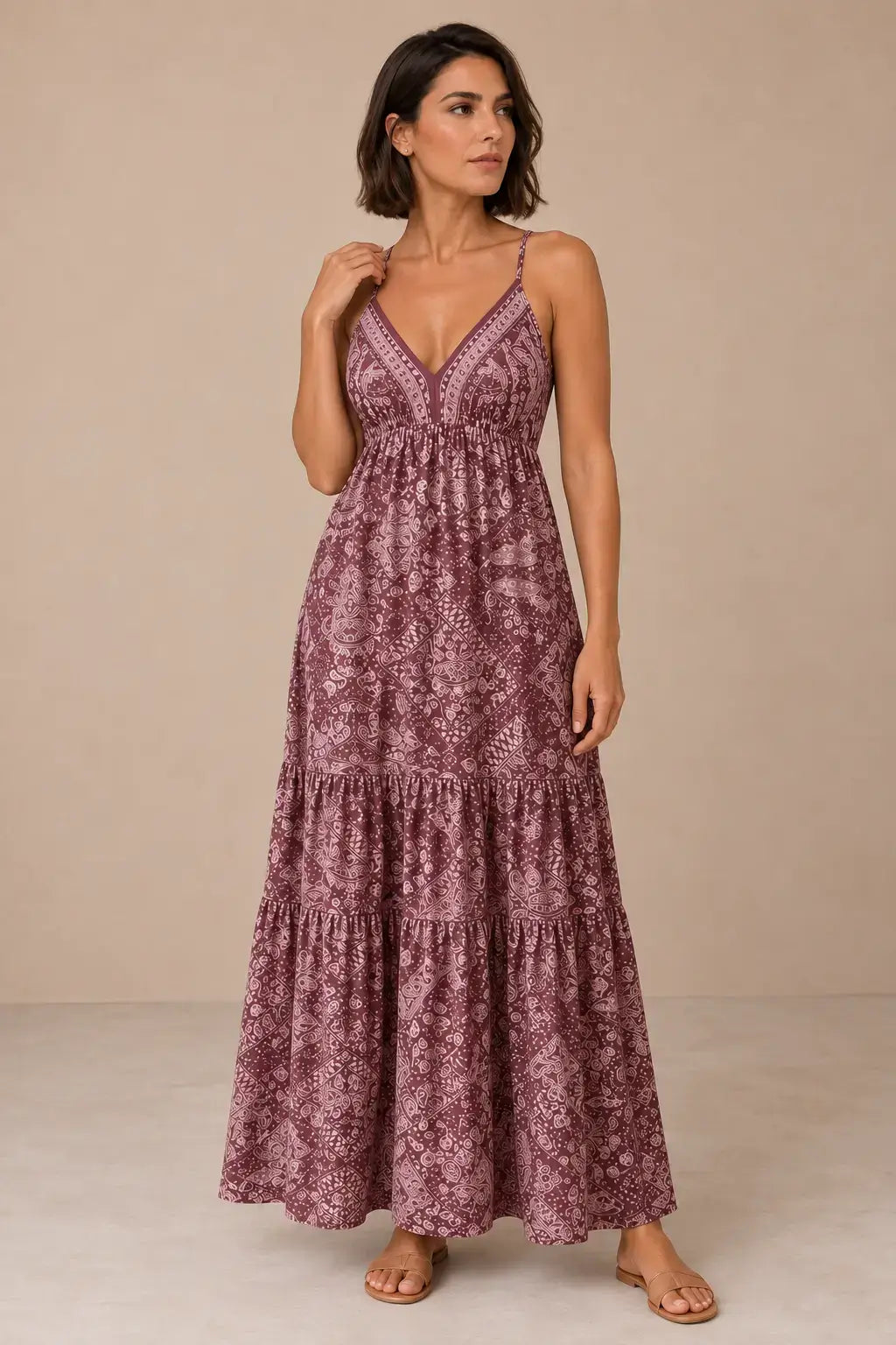 Vestido Cashia Taormina burdeos en modelo talla M, vista de cuerpo entero