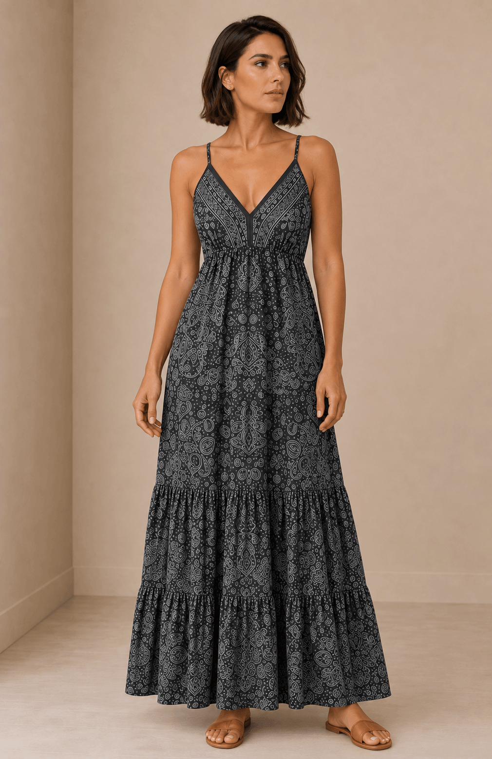 Vestido Cashia Taormina gris en modelo talla M, vista de cuerpo entero
