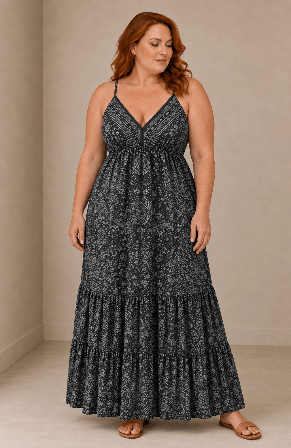 Vestido Cashia Taormina gris en modelo talla XL, vista de cuerpo entero