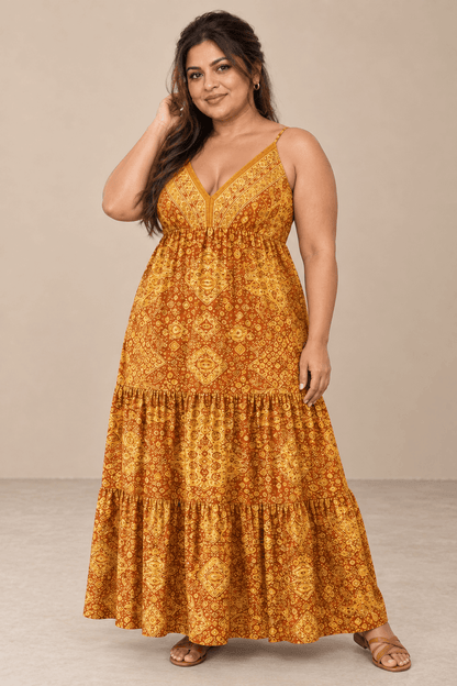 Vestido Cashia Taormina mostaza en modelo talla 3XL, vista de cuerpo entero