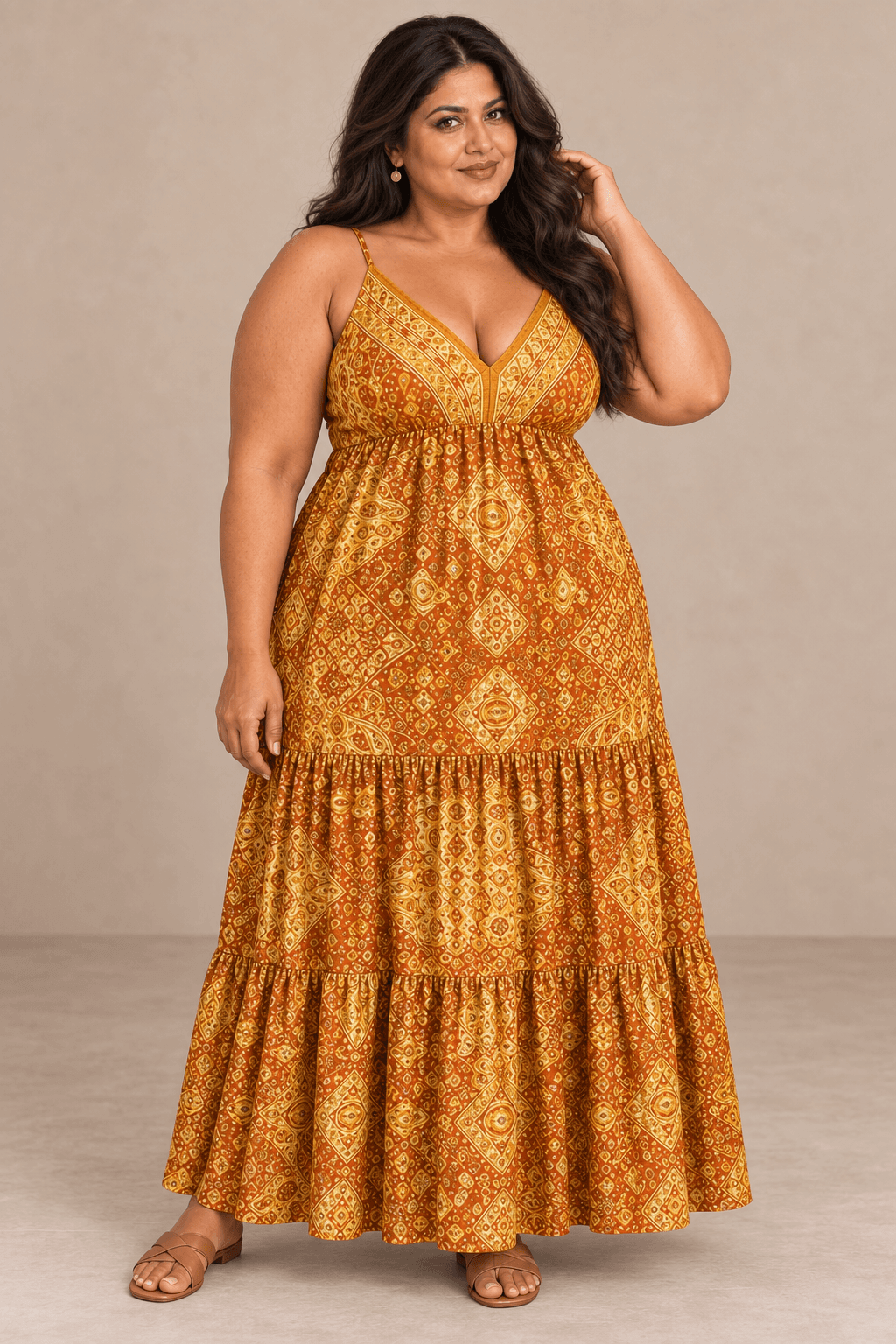 Vestido Cashia Taormina mostaza en modelo talla 4XL, vista de cuerpo entero