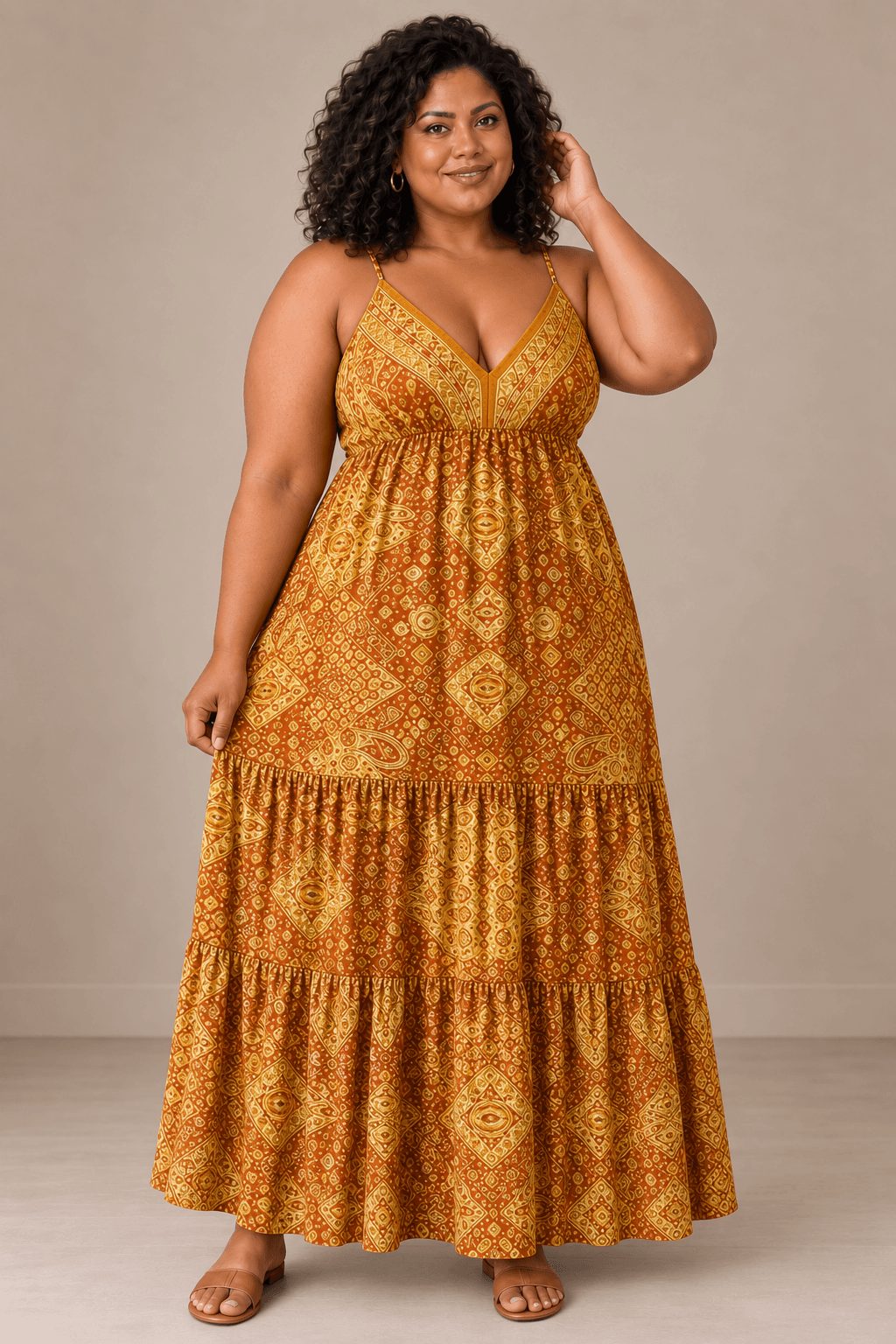 Vestido Cashia Taormina mostaza en modelo talla 5XL, vista de cuerpo entero