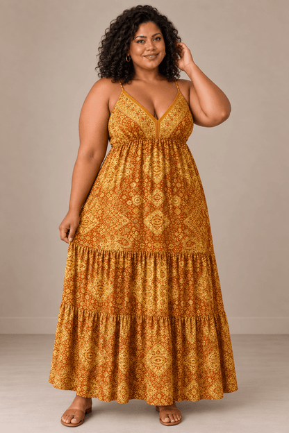 Vestido Cashia Taormina mostaza en modelo talla 5XL, vista de cuerpo entero